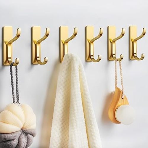 niffgaff Wall Hooks for Coat and Towel: 13lb Adhesive Door Hanger Stick On, Sticky Hook for Wall, Closet, Bathroom - Stainless Steel, Brushed Gold, 6 Pack
