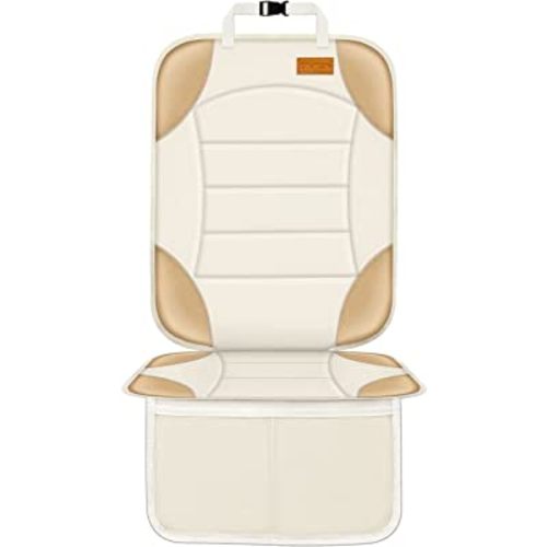 Siivton Car Seat Protector for Child Car Seats, Waterproof 600D Fabric Car Seat Cover, Non-Slip Backing, Thick Padding, Mesh Pockets for Storage, Protects Leather & Fabric Upholstery (Off-White)