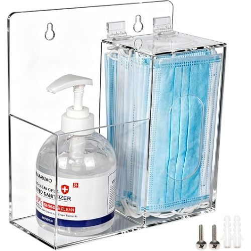 SEANADO Face Mask Dispenser and Hand Sanitizer Holder Stand Wall Mount or Countertop, Hygiene Station with 2 Compartment Clear Box Dispenser for Disposable Masks, Hairnets