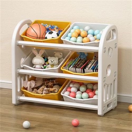 SKRAN 6-Bin Kids Toy Storage Organizer, Multi-functional Nursery Furniture Set with HDPE Shelf and Bins for Playroom, Bedroom