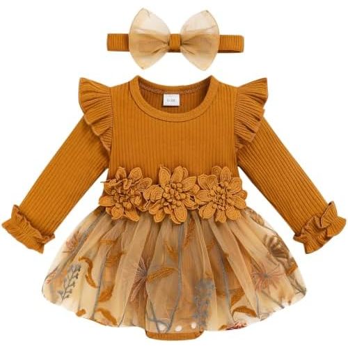 Baby Girl Romper Dress Tulle Skirt Bodysuit with Headband for Infants 0-12M