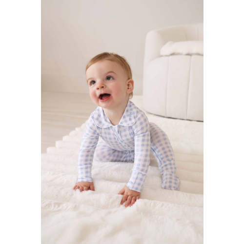 Peter Pan Collar Zipper Footie | Dusty Blue Gingham