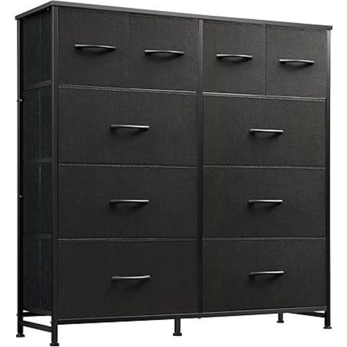 WLIVE Dresser for Bedroom with 10 Fabric Drawers, Tall Chest Organizer Units for Clothing, Closet, Storage Tower with Cabinet, Metal Frame, Wooden Top, Black Dresser for Living Room