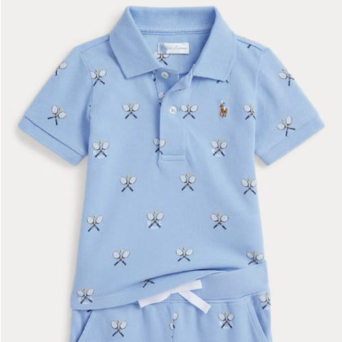 Tennis-Print Mesh Polo Shirt & Short Set