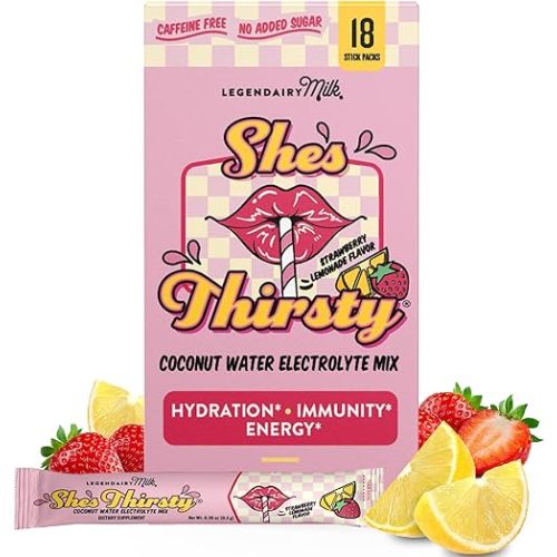Legendairy Milk She’s Thirsty – Strawberry Lemonade, No Sugar Added Electrolytes Powder Packets–Coconut Water Mix for Women, Instant Hydration Packets, Immune Support, Pregnancy Safe, 18 Ct