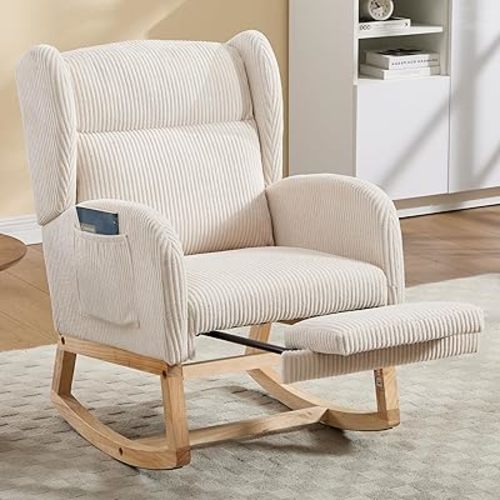 NIOIIKIT Nursery Rocking Chair with Footrest, Teddy Upholstered Glider Chair, Nursery Gliding Recliner with Side Pocket, Glider Rocker for Living Room (Beige Corduroy)