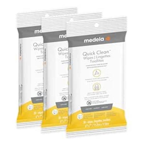 Medela Quick Clean Wipes for On-The-Go Cleaning of Breast Pumps, Accessories, and Various Surfaces, Resealable, Plant-Based, 3 Packs of 30 (90 Count)