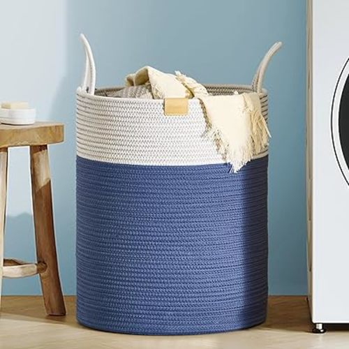 Laundry Hamper 62L,Large Laundry Basket for Clothes,Decorative Storage Basket for Blankets,Cotton Rope Woven basket for bedroom,Navy Blue