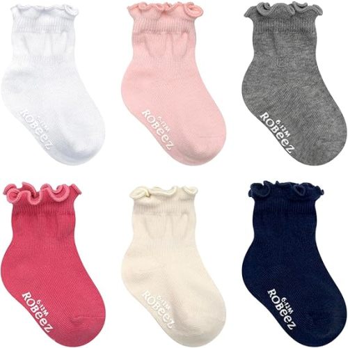 Robeez Baby Boys & Girls Unisex Slip-Resistant Crew Socks for Infant and Toddler, 6 Pairs, 0-24 Months
