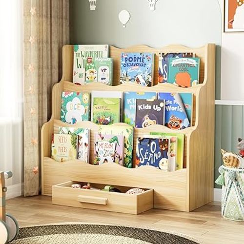 3-Tier Montessori Scalloped Kids Bookshelf, 29.6" Wide Natural Wood Forward Facing Bookcase for Toddlers, Children's Book Display and Organizer for Playroom, Nursery, Bedroom or Classroom
