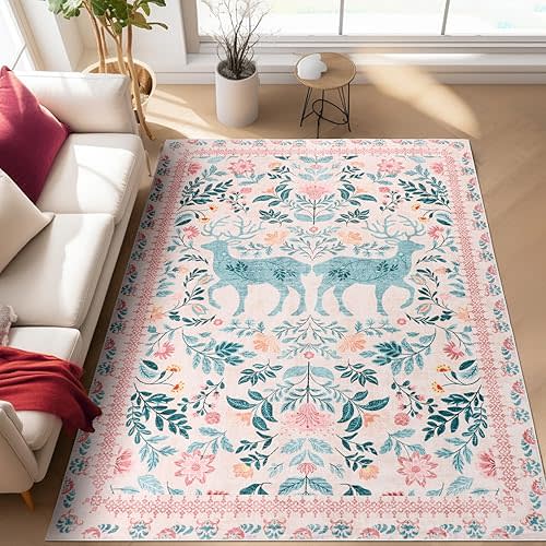 Deer 5x7 Area Rug Washable Pink Floral Living Room Rug, Animal Print Area Rug with Non Slip Backing, Soft Boho Bedroom Carpet for Kids Nursery playroom Spring