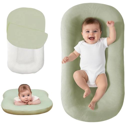 Lucakuins Baby Lounger, Bionic Design Baby Lounger for Newborn 0-24 Months, Soft Organic Cotton Breathable Lounger for Infants (Green Newborn Lounger)
