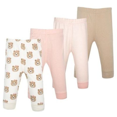 Hudson Baby Basics Infant Girls Comfy Cotton Pants 4-Pack, Blush Beary, 18-24 Months