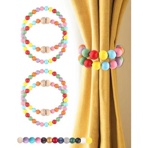 Colorful Boho Curtain Tiebacks 4 Packs: Stronge Magnet Wood Bead Curtain Tiebacks, Magnetic Curtain Tie Backs for Curtains Holder for Boho Nursery Decor
