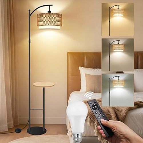 Vinaco Rattan Boho Floor Lamp with Table, Dimmable Floor Lamp with Remote Control Foot Switch, Wicker Tall Lamps 3 Color Temperatures, Adjustable Height Standing Lamps for Living Room Bedroom Office