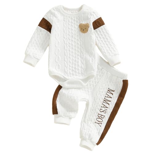 Kayotuas Newborn Baby Boy Outfit Mamas Boy Baby Clothes Cute Bear Embroidery Long Sleeve Romper Pant Set Fall Winter Clothing
