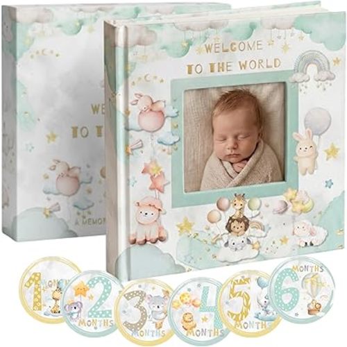 Baby Memory Book and Baby Keepsake Box - First Year Photo Album for Baby Boy or Girl - Fits 4x6 Photos - Includes 12 Baby Milestone Stickers - Gender Neutral Scrapbook Journal