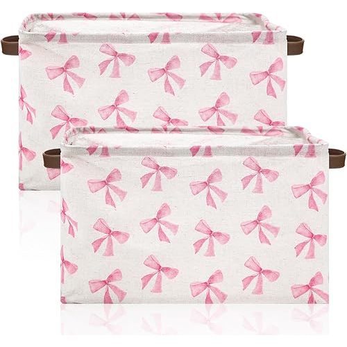 Weysat 2 Pcs Coquette Bow Storage Basket Collapsible Toy Storage Bins Waterproof Canvas Organizer with Leather Handles for Home Closets Offices, Bedrooms, Toy and Gift Baskets