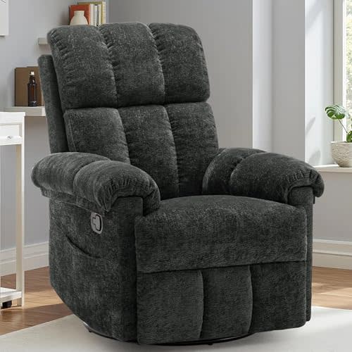 Korser Recliner Chair, Swivel Rocker Recliner Chair for Adults, Small Recliners for Small Spaces, Upholstered Manual Recliner with Side Pockets, Nursery Rocking Chair for Living Room, Chenille, Black