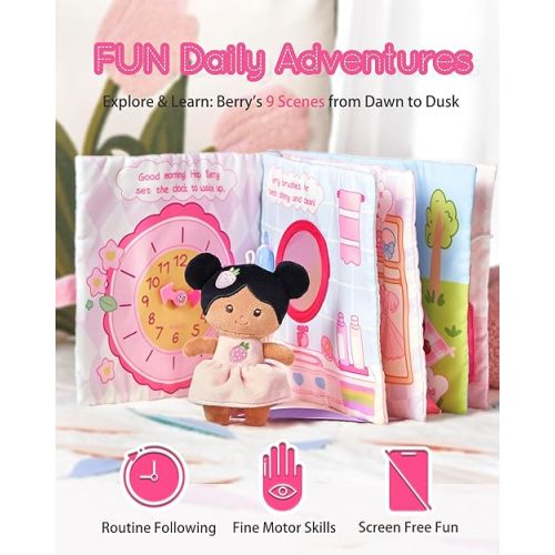 LeyaDoll Interactive Sensory Soft Cloth Book, Educational Crinkle Quiet Activity Busy Book for Babies,Toddler Travel Toy Gift for 1-3 Year Old Boys and Girls (A Berry Special Day)-Tanned