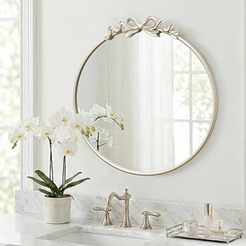 Besdomus Antique Large Wall Mirror: 27" Champagne Silver Bow Vintage Wall Mounted Mirror - Baroque Traditional Ornate for Fireplace/Bathroom/Living Room - Wall Decor for Teen Girl