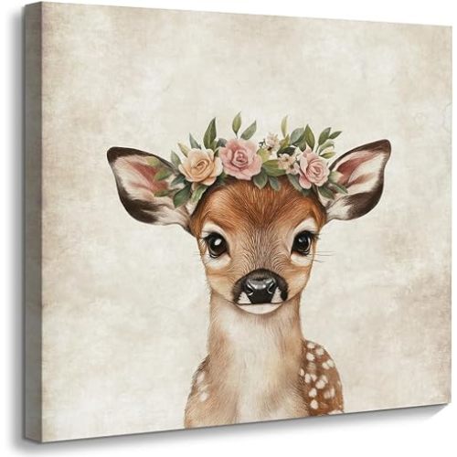 ORIDOMY Cute Deer Wall Art for Baby Nursery Wildlife Deer Wearing Wreath Wall Pictures Vintage Animal Portrait Photo Painting for Farmhouse Bedroom Bathroom Home Office Decor Kids Gifts 12"x12"