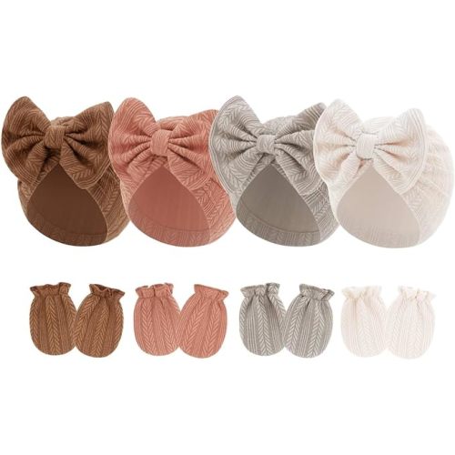 4 Pcs Newborn Hats Mittens Set Infant Cap Bow Hospital Beanie Preemie Hat for Baby Boy Girl 0-6