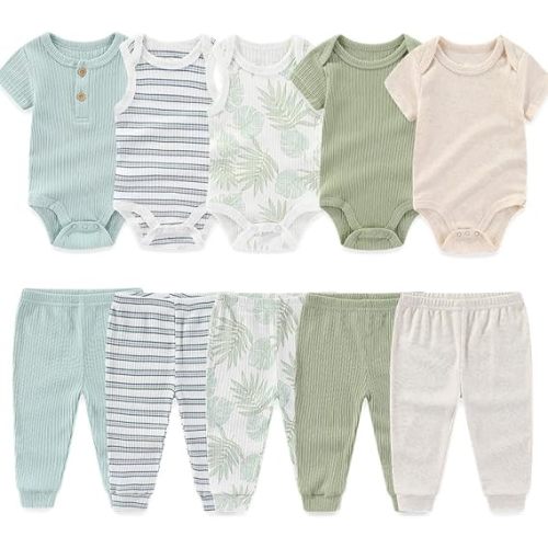 Kiddiezoom Newborn Baby Layette Set 10-Piece with Bodysuits and Pants Set for Unisex Baby Gift Sets