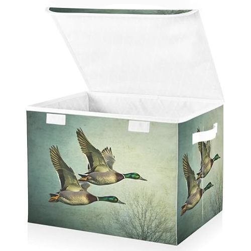 Wild Duck Mallard Fly Large Storage Bins with Lid Foldable Storage Cubes Fabric Closet Organizer Containers Box Baskets with Flip-Top Lid for Home Office 16.5” x 12.6” x 11.8”