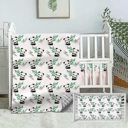 Personalized Crib Bedding Set for Baby Boys, Custom Baby Girl Crib Bedding Set with Name, Cute Panda Nursery Bedding, 2 Piece Baby Crib Bedding Sets, Name Crib Comforter, Crib Fitted Sheets for Baby