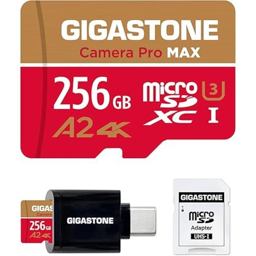 【5-Years Data Recovery】 GIGASTONE 256GB Micro SD Card with USB 3.2 Type C Card Reader, 4K Camera Pro MAX, Speed Up to 130MB/s Compatible with Gopro, DJI, Dash Cam, MicroSDXC UHS-I A2 V30 U3