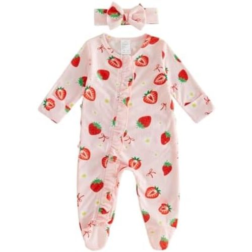 Newborn Girl Footies Strawberry Zipper Romper Waffle Knit Jumpsuit Headband