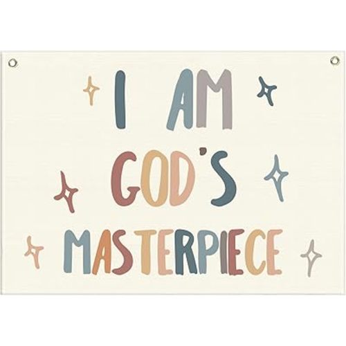 Rectangular Christian Bible Verse Scripture Canvas Banner Wall Decor Flag Sign for Baby Girl Kids,Nursery Bedroom Nursery Wall Decor,Baby Shower Baptism Christmas Gift-I Am God's Masterpiece
