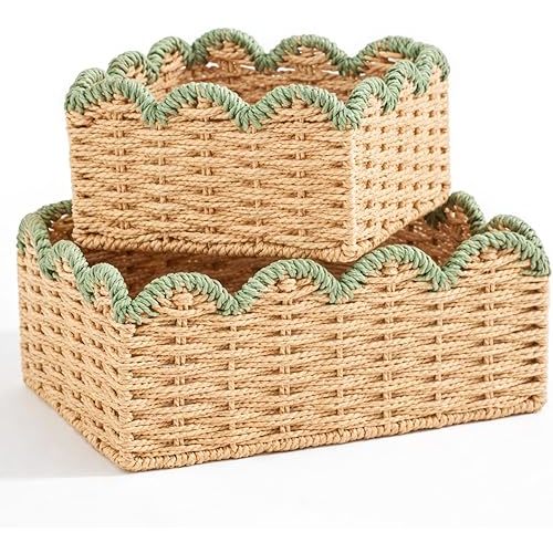 2 Pack Scalloped Baskets Rattan Storage Baskets Hand Woven for Organizing and Decor for Living Room Bedroom Laundry, Sage Green