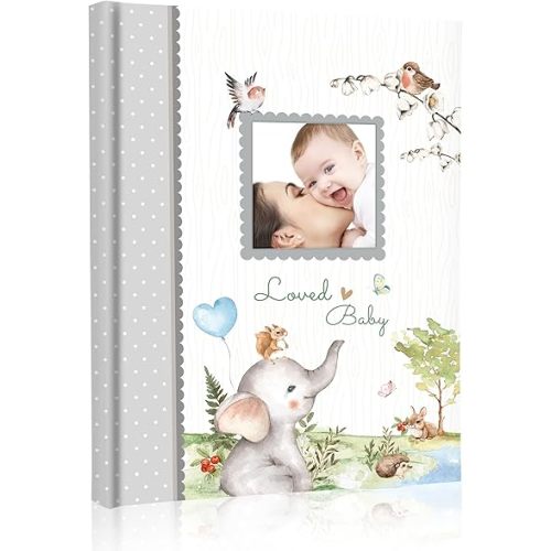 Holoary First 5 Years Baby Memory Book - 76 Colourful Illustrated Keepsake Journal Pages Record Book Album for Newborn Baby Boy or Girl, Woodland Animals Design(Elephant)