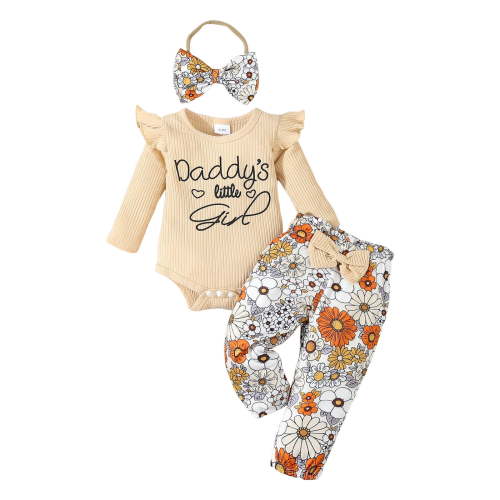 Curenmufel Outfit Baby Girl Newborn Baby Girl Outfit Infant Romper Ruffle Pants Cute Toddler Baby Girl Clothes Set Going Home Outfit Baby Girl Newborn 0 3 6 9 12 18 24 Months (Khaki,3-6 Months)