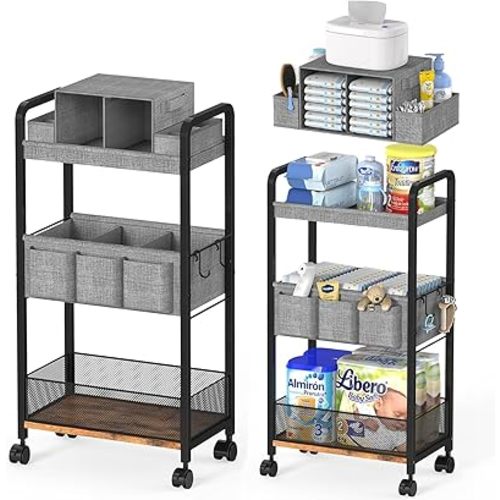 2In1 Baby Diaper Caddy & 3-Tier Rolling Diaper Cart, Caddy Organizer Cart with Dividers, Mobile Metal Bedside Carts for Baby Essentials, Rolling Carts for Newborn Nursery with Wheels, Large Capacity