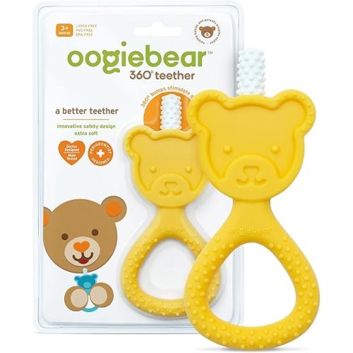 oogiebear 360˚ Teether - Safe Teething Toys for Babies 3 Months and Older | Soft Bristle Teddy Bear Silicone Teether | Super Soft BPA-Free Silicone - Yellow