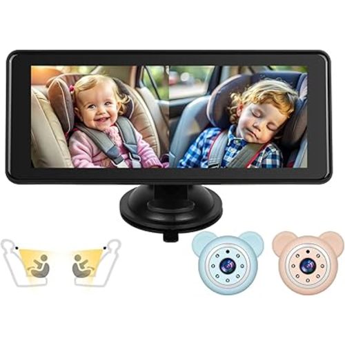 Baby Car Camera for 2 Kids - 6.9-Inch Monitor Easy Setup 360° Rotatable Double HD 1080P Clear Night Vision Car Seat Camera Rear Facing for Twins or Siblings, Safety & Convenience