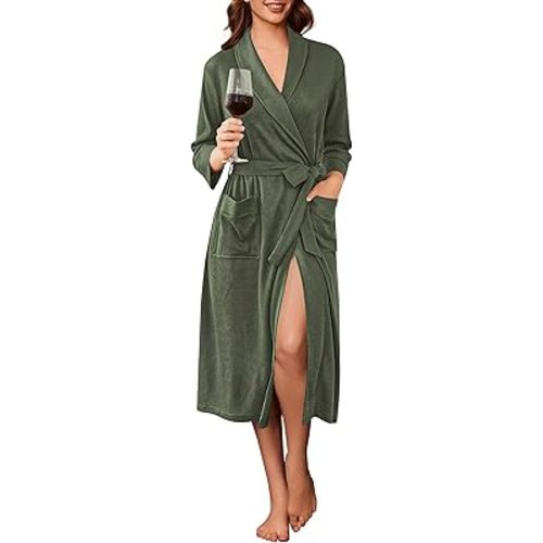 Ekouaer Robes for Women Long Waffle Knit Bathrobe Lightweight Kimono Robe Soft Shawl Collar Spa Robes with Pockets S-XXL