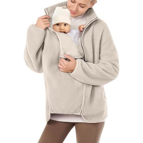 qvdvap Women's Fleece Jacket with Baby Carrier Pocket, Warm Maternity Coat for Mom, Zip up 2-in-1 Baby Wearing Outerwear