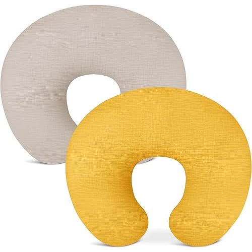 Nursing Pillow Covers 2 Pack, Muslin Nursing Cover for Breastfeeding Pillows, Comfortable for Baby Girls and Boys (Beige & Mustard Yellow)