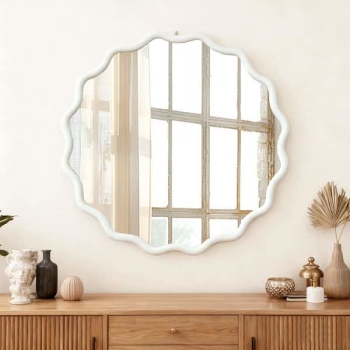 White Wavy Round Solid Wood Framed Mirror