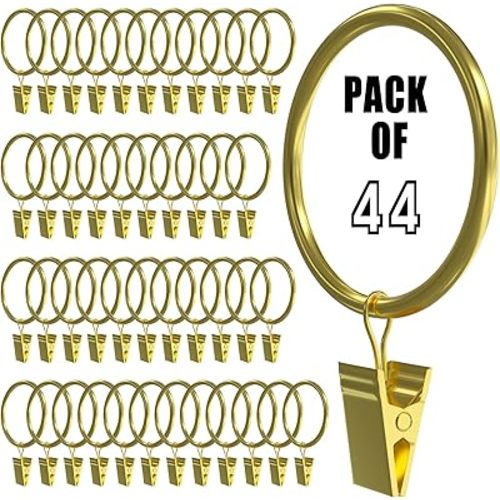 44 Pack Gold Curtain Rings with Clips, Curtain Hooks for Hanging, Heavy Duty Drapery Rings, Polish Rustproof Curtain Clips Hangers for Drapes, 1.26" Interior Diameter, Fits up to 1" Rods