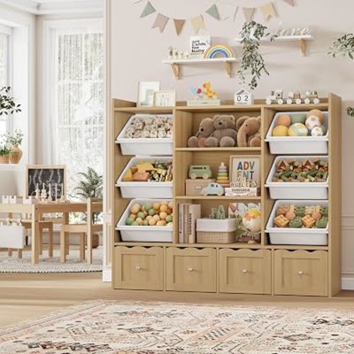 HITHOS 55"W Kids Toy Storage Organizer with 10 Toy Box & Bookshelf, Natural