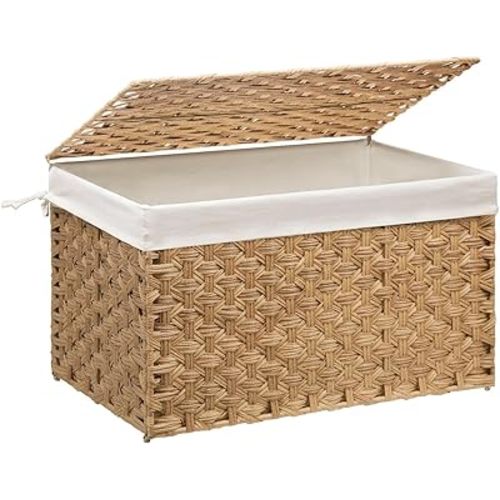 Wicker Storage Basket with Lid, 17.2 Gallon (65L) Small Blanket Basket with Lid, Woven Storage Bin with Handles, Removable Liner, Metal Frame, Foldable, for Bedroom, Laundry Room, Natural