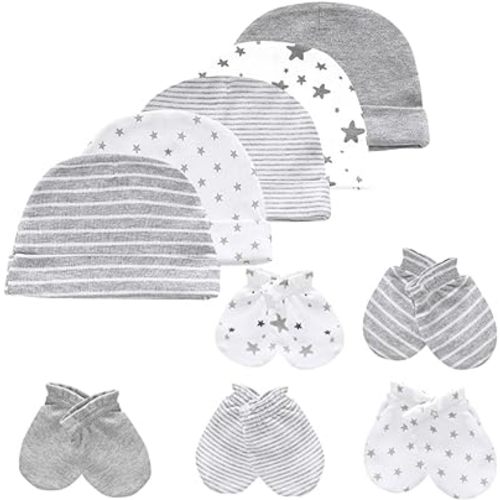 MAMIMAKA Baby Hat and Mittens Set Newborn Baby Hats Caps for Baby Boys Girls 0-6 Months 100% Cotton