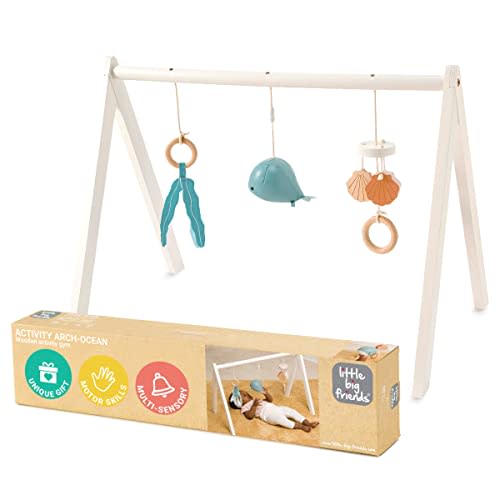 Little Big Friends Wooden Baby Activity Gym – Montessori Play Gym for Babies | Encourages Motor Skills & Sensory Development | Includes Crinkle Fabrics, Wooden Chimes & Hanging Toys – Ocean