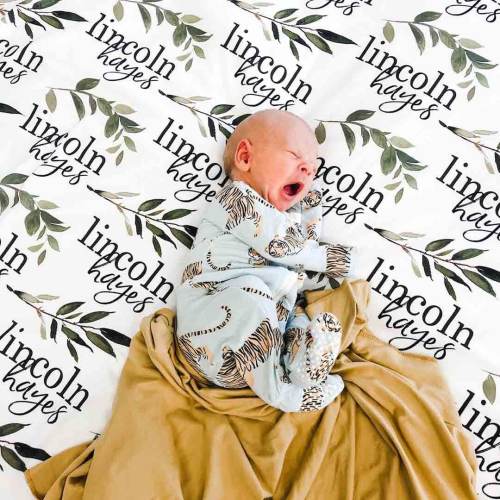 Olive Leaf Personalized Baby Name Swaddle Blanket
