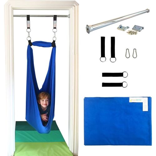 Doorway Sensory Swing - Supports 220lbs, Steel Bar Secured by Brackets - 95% Cotton Compression Swing for Self-Regulation (Blue)